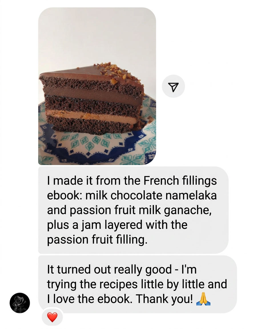 Student shows a cake with milk chocolate namelaka and passion fruit ganache