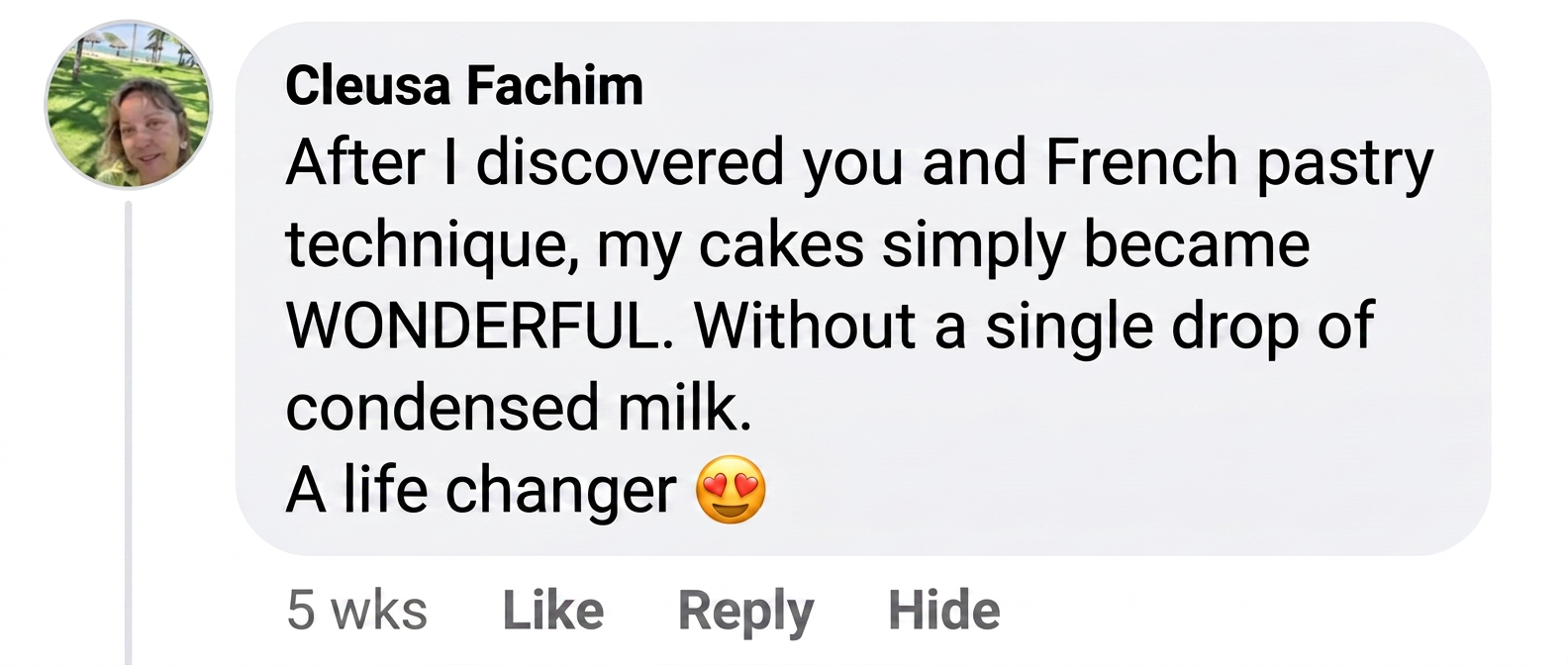 Comment from Cleusa Fachim about wonderful cakes made without condensed milk