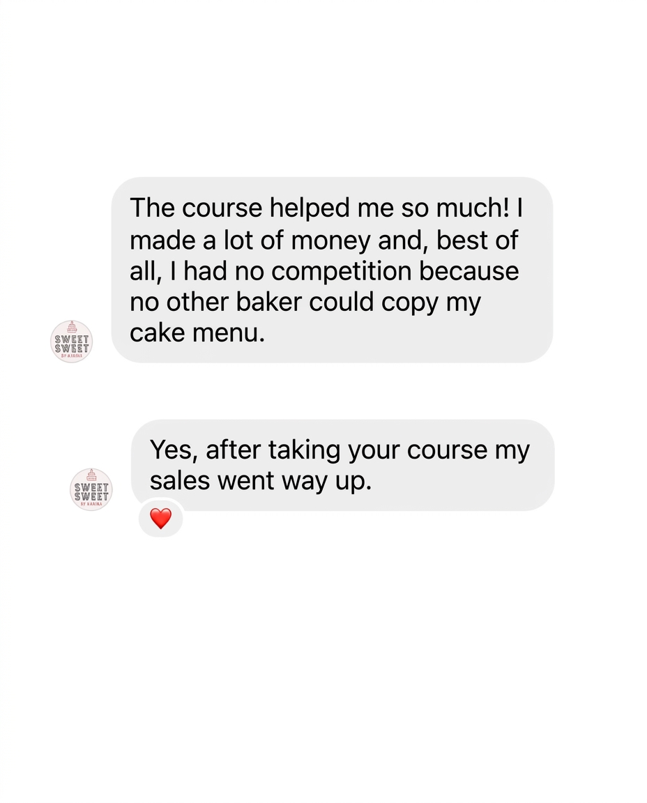 Student testimonial: the course helped her earn more and increase sales with no competition