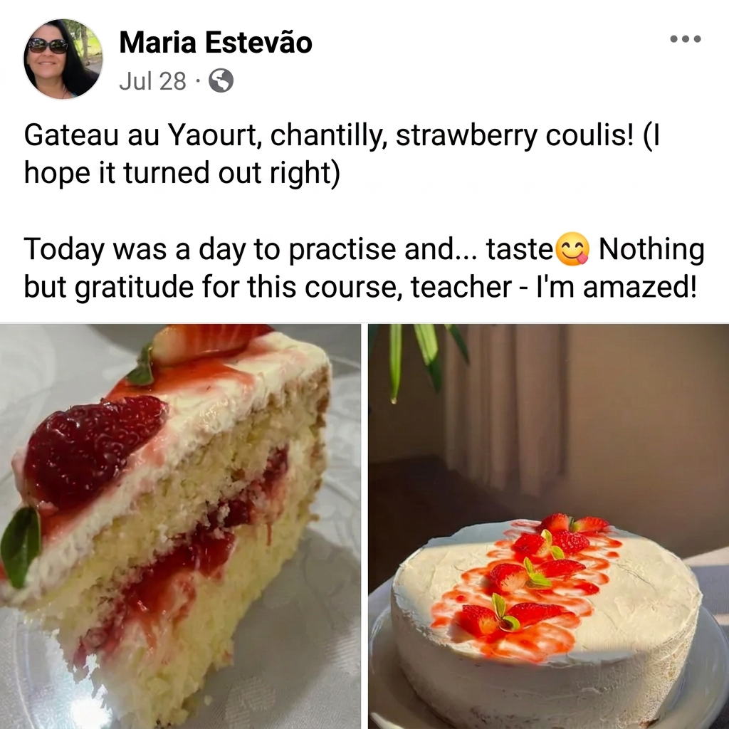 Student Maria Estevão shares a Gâteau au Yaourt with strawberry coulis