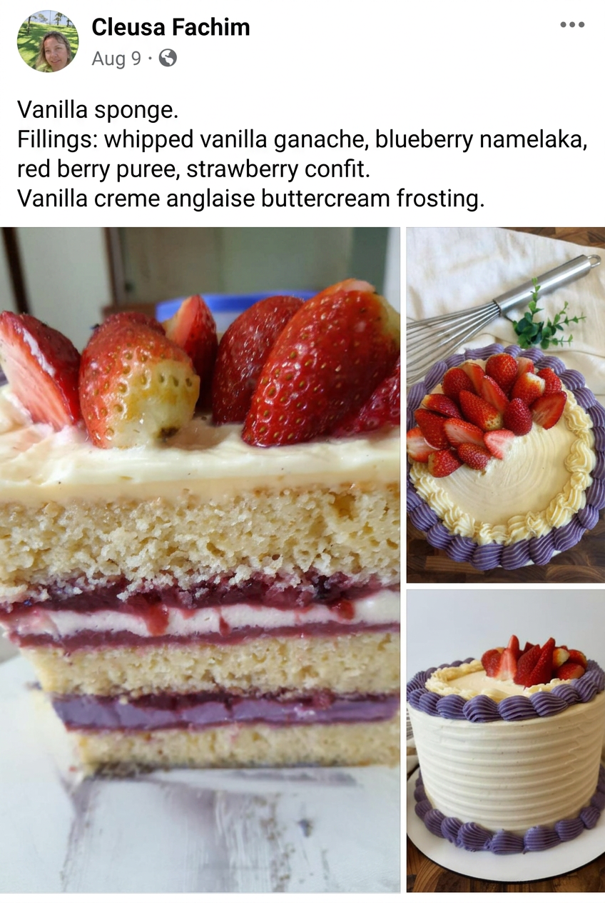 Cleusa Fachim shares a vanilla cake with whipped vanilla ganache, blueberry namelaka, red berry purée, strawberry confit and vanilla crème anglaise buttercream